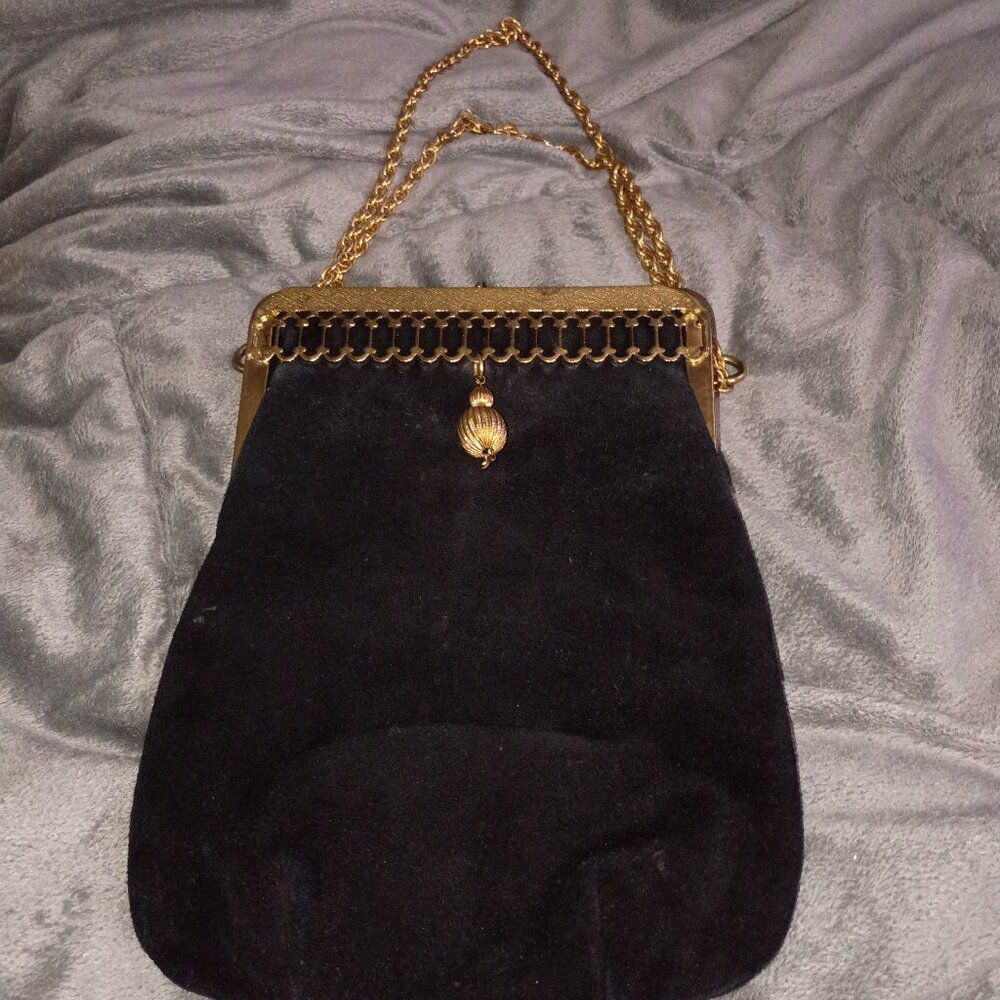 Triangle 60s Handbag Black Suede Purse Gold Accents